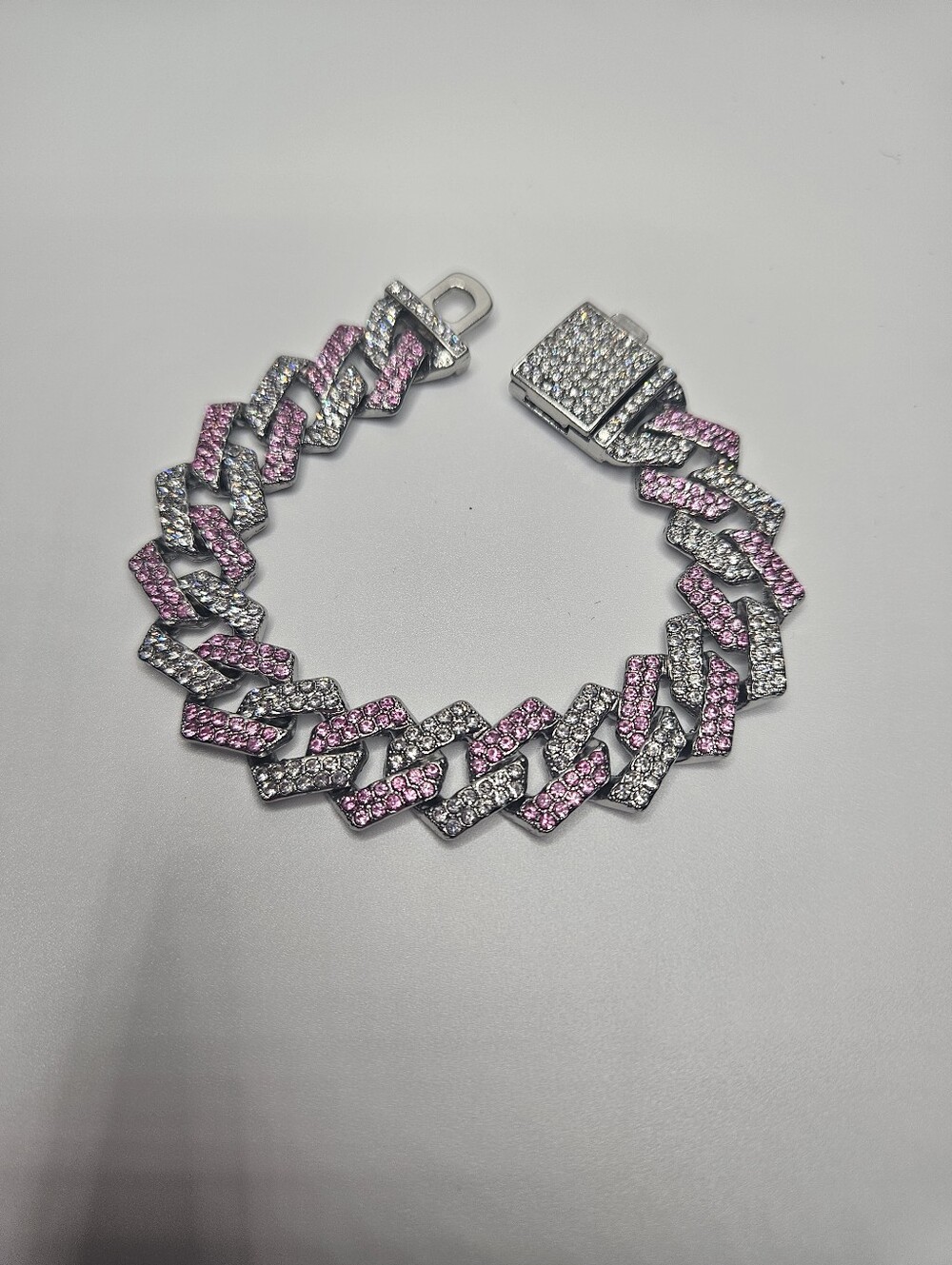 Pink and Silver Pave Cuban Link Bracelet
